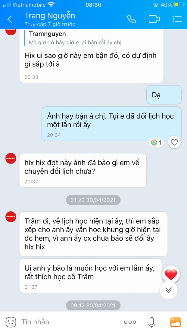 Ảnh chụp tin nhắn: người kết nối lớp nhắn lại rằng anh học viên rất thích học cô Trâm
