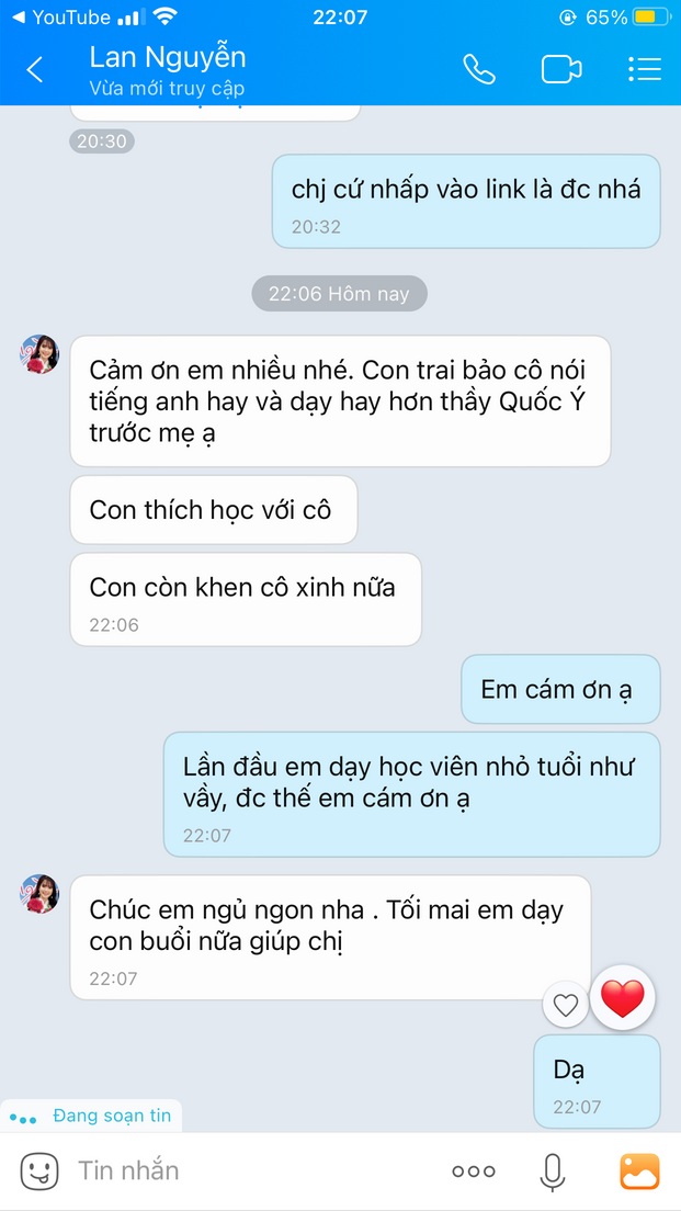 Ảnh chụp tin nhắn: mẹ của một bạn học sinh lớp 5 nhắn lại sau buổi học