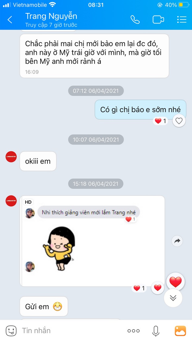 Ảnh chụp tin nhắn được chuyển tiếp: học viên rất thích giảng viên mới