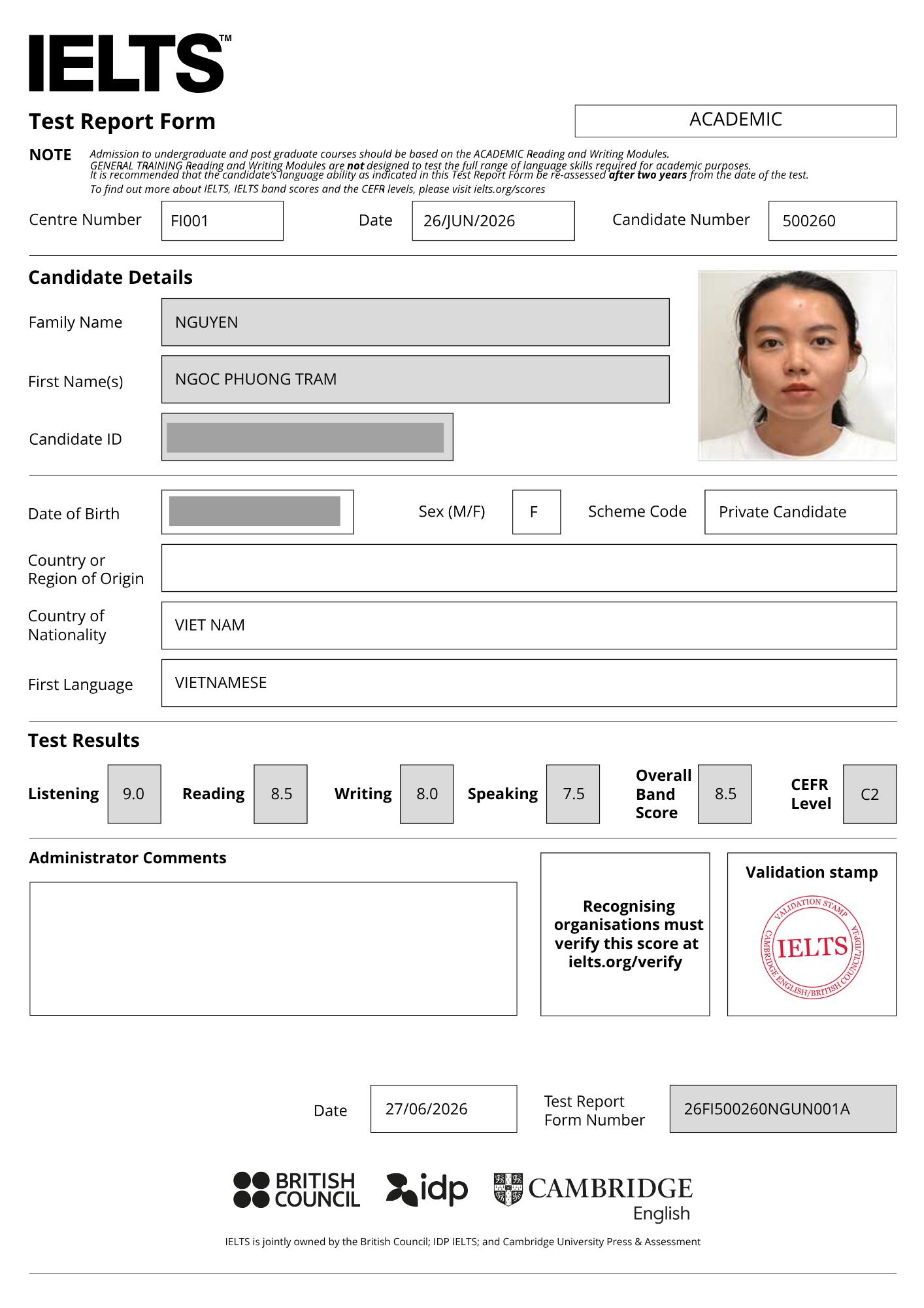 Bảng điểm IELTS 8.5 ngày 27.6.2026