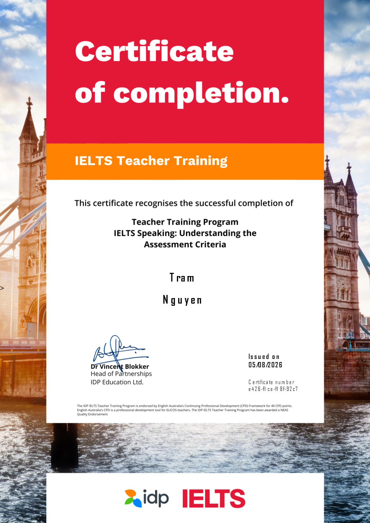 Chứng chỉ IELTS Speaking Teacher Training cấp bởi IDP Education