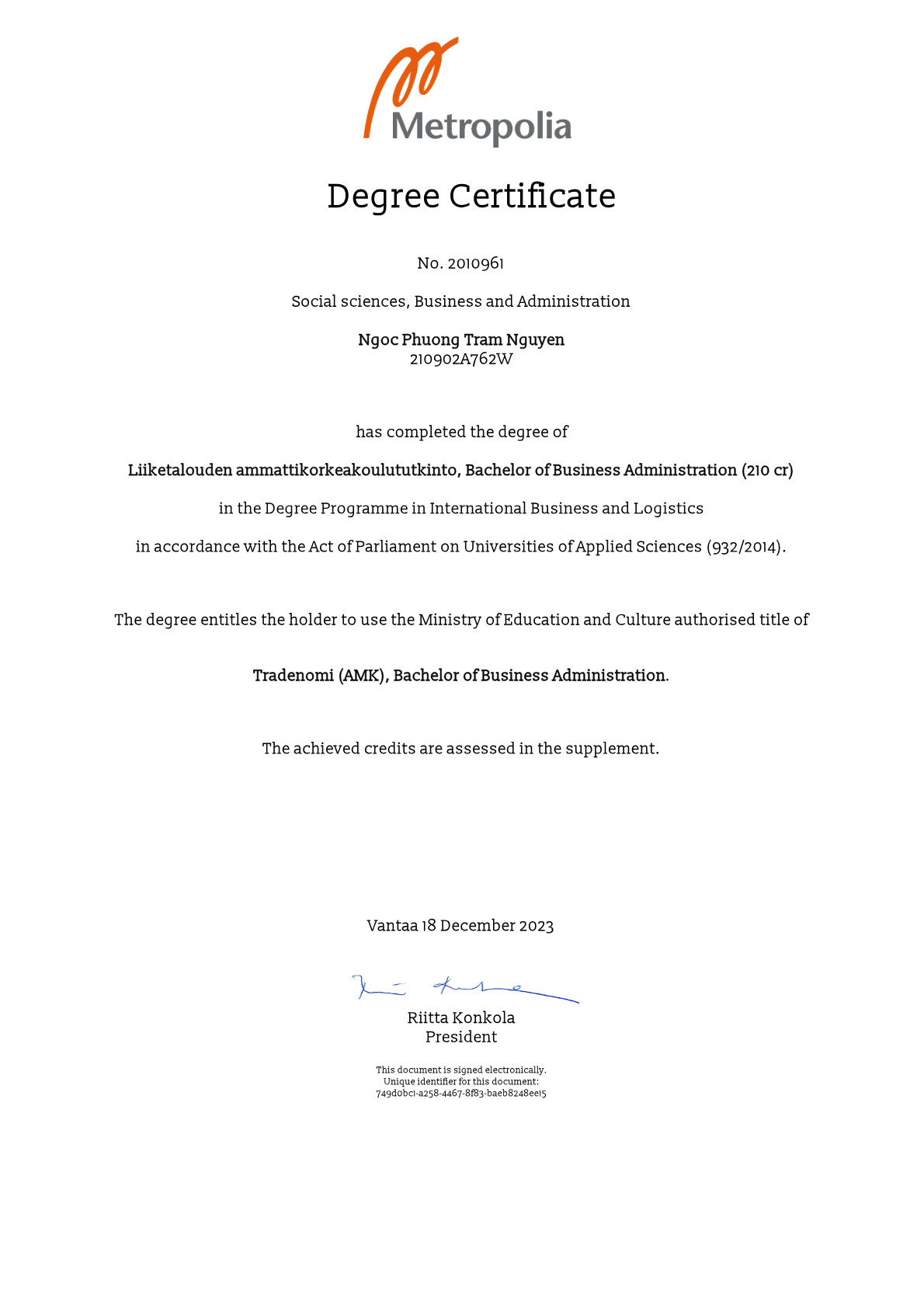 Bằng cử nhân Metropolia University of Applied Sciences