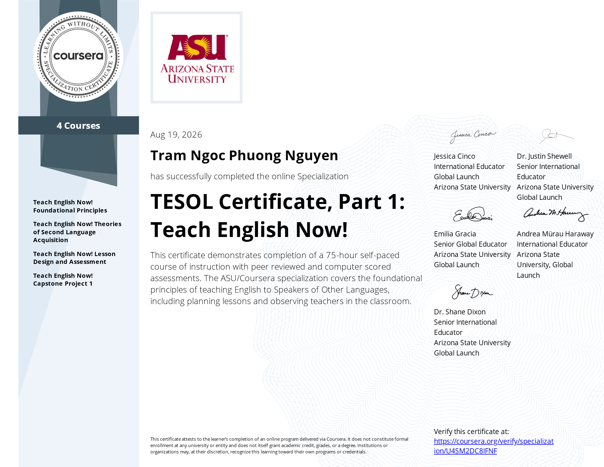 Chứng chỉ TESOL Certificate Part 1 - Teach English Now! của Arizona State University cấp cho Tram Ngoc Phuong Nguyen